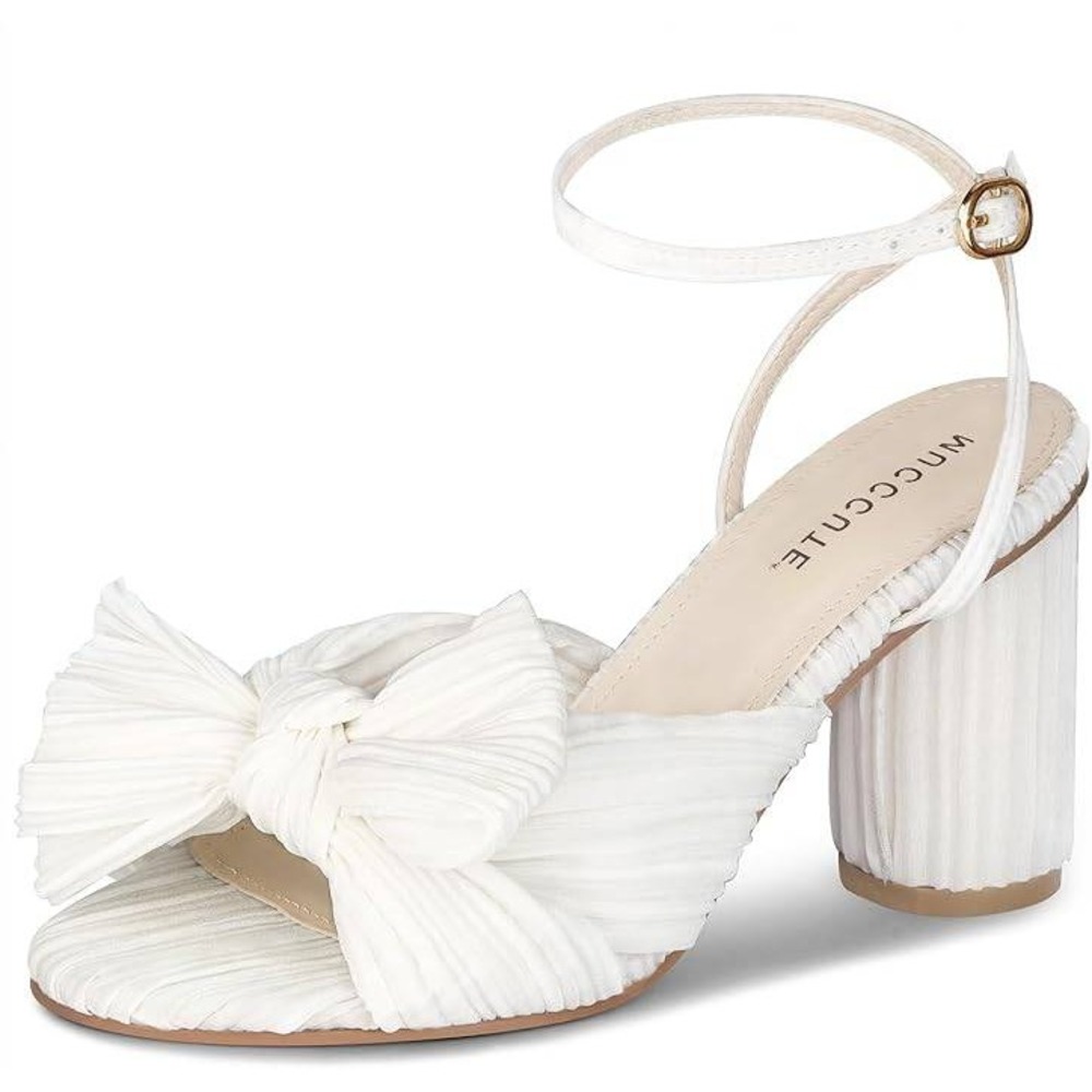 Mucccute Pleated Bow Block Heel Sandals Womens 7 White Bridal Wedding Dressy